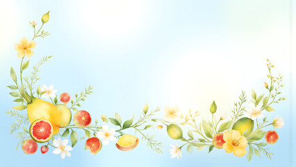 whimsical arrangement brightly colored fruits flowers delicate layered pattern soft gradient blue