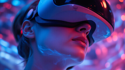 young woman face vr headset surrounded vibrant neon lights swirling patterns reflect goggles skin