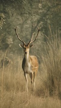 Stunning axis deer buck standing alert in tall golden grasses under soft light surrounded by woodland trees, a peaceful natural scene.
