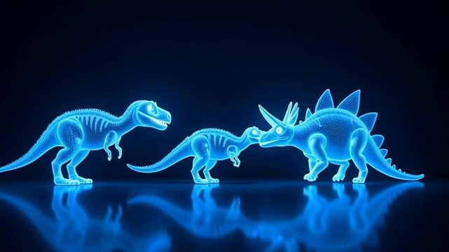 The image features three glowing blue dinosaur figures arranged in a row against a dark background.