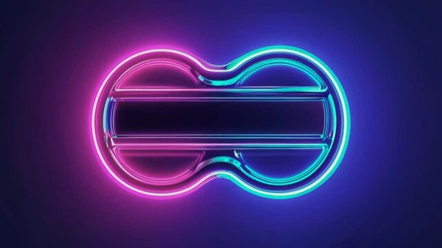 Glowing neon peanut shape with pink and blue lights on a dark blue and purple background display art