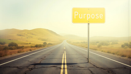 bright yellow highway sign stands alone worn asphalt surface word emblazoned bold white letters