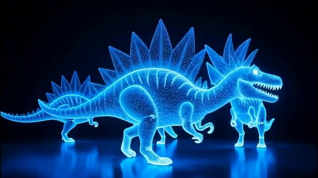 The image features three glowing blue dinosaur figures arranged in a row against a dark background.