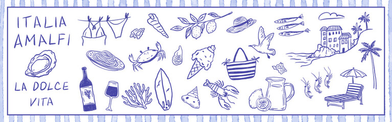 Plakat Amalfi coast summer vacation set with lemons, seafood, wine, and seaside lifestyle reflecting La Dolce Vita spirit. Vector illustration in hand-drawn crayon style.