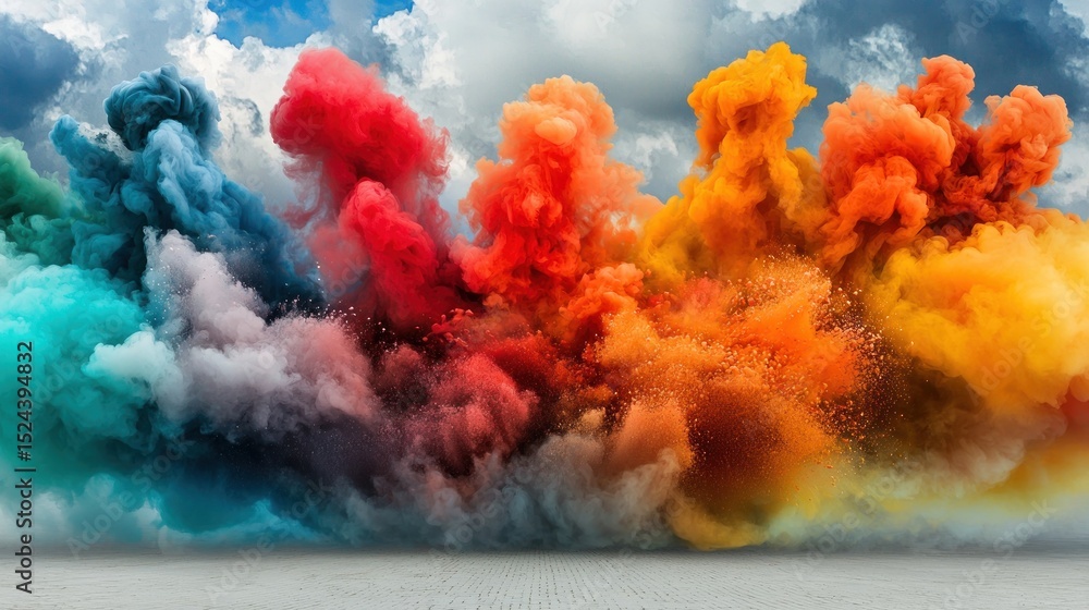 Poster explosive display of vibrant colors erupting against a dynamic sky backdrop