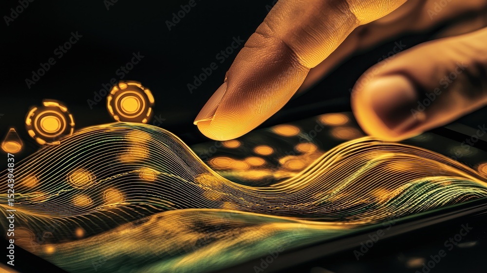 Poster digital transformation: finger touching a glowing interactive technology interface