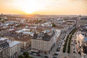 Fototapeta premium Panoramic Sunset View of Lviv Cityscape, Ukraine