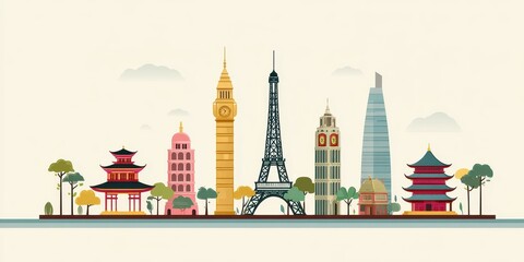 Obraz premium Flat Vector Travel Art Featuring Iconic Sites