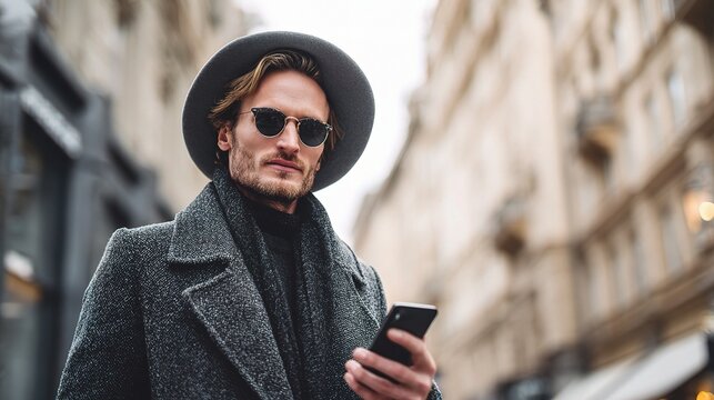 Stylish Man Using Smartphone in Urban Environment Portrait
