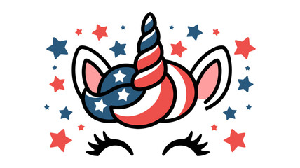 Cute Patriotic Unicorn Face Illustration with USA Bow, Stars, and Striped Horn