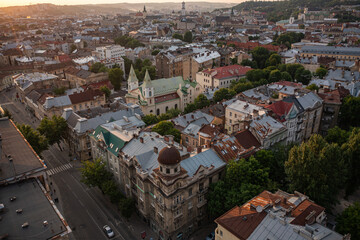 Fototapeta premium Panoramic Sunset View of Lviv Cityscape, Ukraine