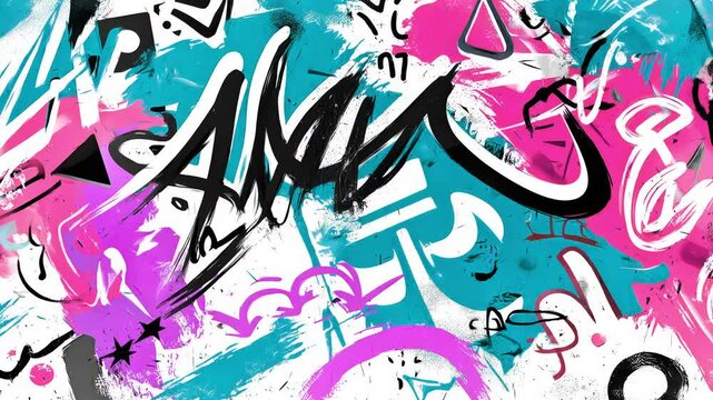 Graffiti-inspired abstract design with pink, teal, and black brushstrokes and playful symbols