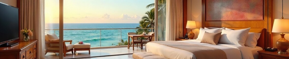 A lavishly appointed honeymoon suite with ocean views, featuring a private balcony and plush furnishings Perfect for a romantic getaway , luxury travel, amenities, getaway