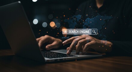 Man uses a laptop to search for information. Background lights are blurred