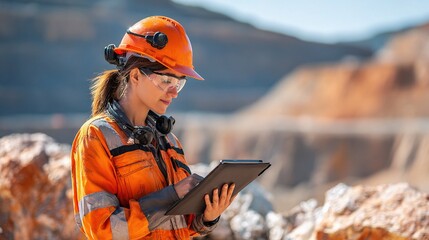 Female Mining Engineer Checking Operations in Open Pit Mine