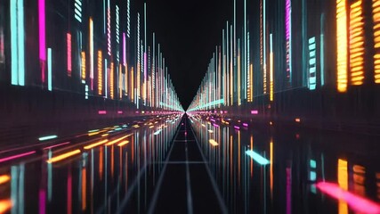 A vibrant, neon-lit tunnel with vertical lines of light streaks - Powered by Adobe