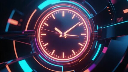 Neon clock animation displaying time and futuristic technology concept with circular elements 4K Ai HD video.
 - Powered by Adobe