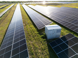 Aerial view of solar power station with energy storage