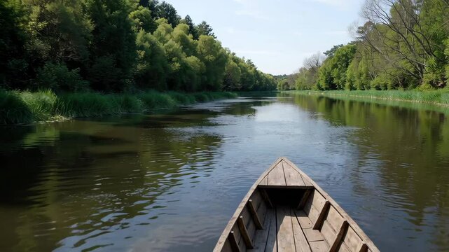 Wooden boat navigating on calm river