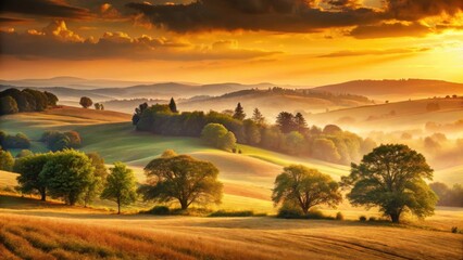 Fototapeta premium A serene landscape with a vast expanse of rolling hills and towering trees under a warm golden smoky sky with hues of burnt orange and pale yellow at dusk , rustic, countryside
