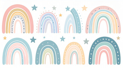 Eight pastel rainbows, adorned with stars and speckles, arranged in two rows against a white background.  Each rainbow displays unique color palettes and speckled patterns