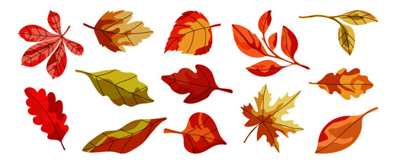Autumn leaves in abstract style drawn by hand. Bright autumn leaf fall.