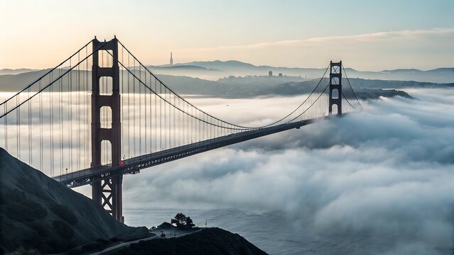 Iconic golden gate bridge in san francisco partially obscured by morning fog