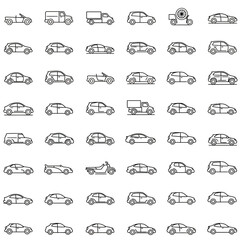 Car icons set. The car from different sides. Side view, back, front, bottom, inside. linear icon collection. Line with editable stroke