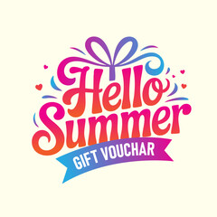 Vibrant gift voucher design celebrating Hello Summer with colorful lettering and playful elements