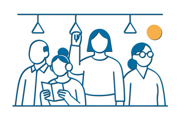 Minimal vector lines illustration of people standing in public transport, flat linear design with simple blue outlines and orange accent. Isolated on white.