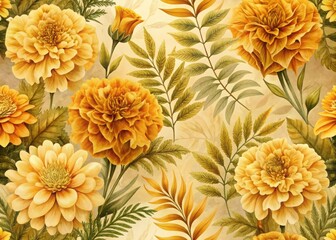 Watercolor seamless pattern golden marigolds and foliage