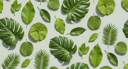 Obraz premium Flat lay of green tropical leaves with natural sunlight and soft shadows