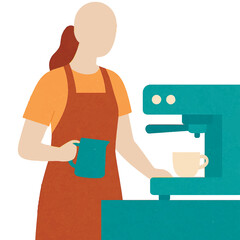 Flat vector illustration of a barista preparing coffee at a machine, minimalist and soft color isolated design on white background.