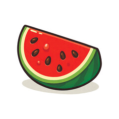 Juicy watermelon slice drawing illustration, showing red flesh with seeds and green rind, isolated vector design on white background.