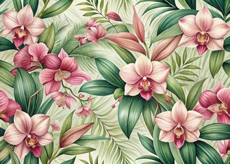 Watercolor pink orchid tropical floral seamless pattern