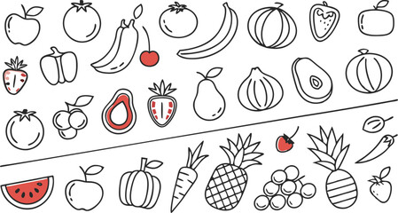 Fruit berry vegetable food line icon vector set.  minimalist vector illustration featuring a large collection of outlined fruits and vegetables.