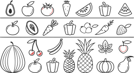 Fruit berry vegetable food line icon vector set.  minimalist vector illustration featuring a large collection of outlined fruits and vegetables.