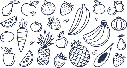 Fruit berry vegetable food line icon vector set.  minimalist vector illustration featuring a large collection of outlined fruits and vegetables.