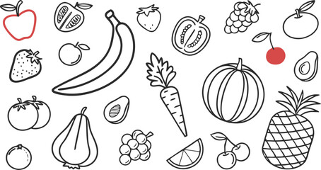 Fruit berry vegetable food line icon vector set.  minimalist vector illustration featuring a large collection of outlined fruits and vegetables.