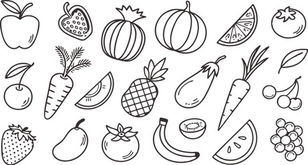 Fruit berry vegetable food line icon vector set.  minimalist vector illustration featuring a large collection of outlined fruits and vegetables.