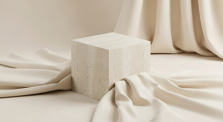 Elegant Minimalist Product Display Cream Cube on Draped Fabric