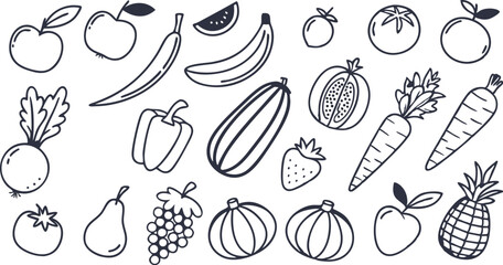 Fruit berry vegetable food line icon vector set.  minimalist vector illustration featuring a large collection of outlined fruits and vegetables.