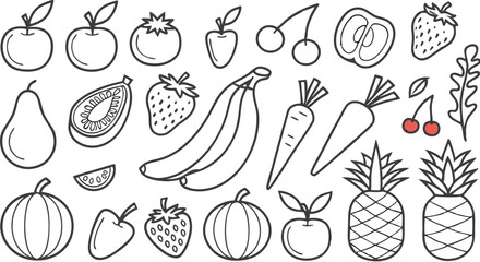 Fototapeta premium Fruit berry vegetable food line icon vector set. minimalist vector illustration featuring a large collection of outlined fruits and vegetables.