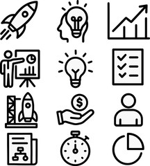 startup and innovation icons. outline icons for idea, rocket, pitch, strategy, progress, checklist, planning and lightbulb.