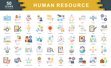 Human Resources flat icon collection set. Containing Id Card,Salary, Finance,Leadership, Talent,Goal,Labor,Intelligence,Outsourcing,Diversity icon.Simple line vector.