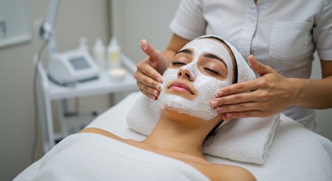 Woman gets facial mask applied in spa, for skincare, wellness. Background neutral