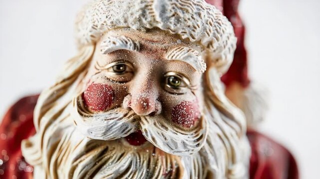 Santa Claus figurine with a red nose and white beard. The santa is smiling and has a white hat