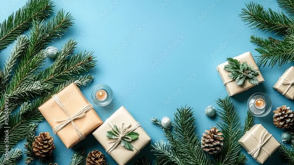 Poster blue background with a christmas tree and presents. the presents are wrapped in brown paper and are 
