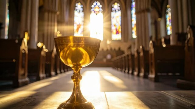 Golden chalice in a church interior with sunlight shining through stained glass windows and rows of wooden pews creates spiritual scene.