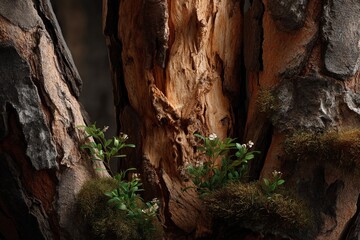 Fototapeta premium close-up of weathered tree bark with deep textures, small white wildflowers, and moss growing in the crevices, captured in soft natural light against a dark blurred background